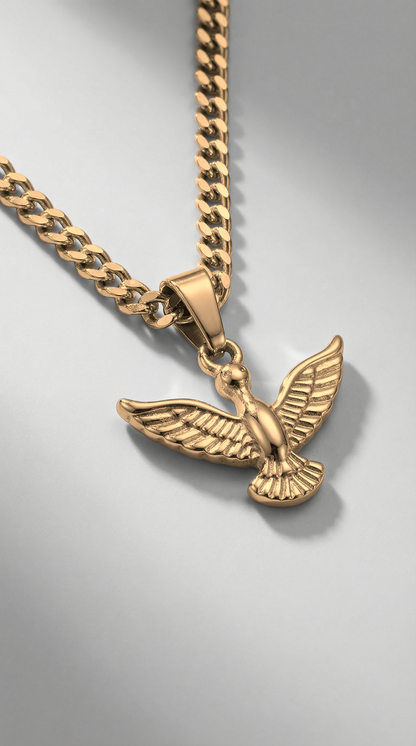 Gold Liberty pendant necklace for men featuring a winged design in premium 316L stainless steel with a Cuban chain.